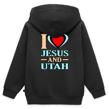 Aimer Jésus et Utah Gift - Sweat Premium à capuche zippé enfant bio - noir - Dos - AI Model Kid Male (0cm)