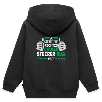 Voici à quoi ressemble un vrai Bua de Styrie de Styrie - Sweat Premium à capuche zippé enfant bio - noir - Dos - AI Model Kid Male (0cm)