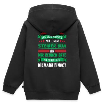 Steirer Bua Styrie Drapeau styrien - Sweat Premium à capuche zippé enfant bio - noir - Dos - AI Model Kid Male (0cm)
