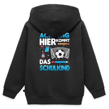 Achtung hier kommt das Schulkind - Kinder Premium Organic Zip Hoodie - Schwarz - Hinten - AI Model Kid Male (0cm)