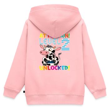 Attention Niveau 2 Anniversaire débloqué - Sweat Premium à capuche zippé enfant bio - rose - Dos - AI Model Kid Female (0cm)