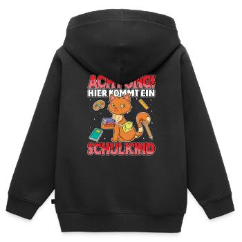 Achtung hier kommt ein Schulkind Katze Schule - Kinder Premium Organic Zip Hoodie - Schwarz - Hinten - AI Model Kid Male (0cm)