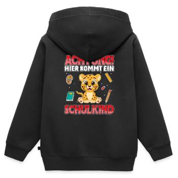 Achtung hier kommt ein Schulkind Leopard Schule - Kinder Premium Organic Zip Hoodie - Schwarz - Hinten - AI Model Kid Male (0cm)