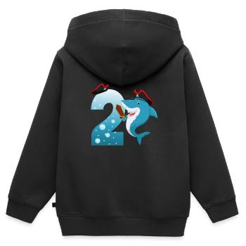 2ème fête d’anniversaire des enfants Shark - Sweat Premium à capuche zippé enfant bio - noir - Dos - AI Model Kid Male (0cm)