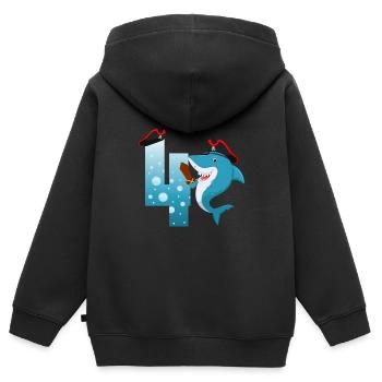 4ème fête d’anniversaire des enfants Shark - Sweat Premium à capuche zippé enfant bio - noir - Dos - AI Model Kid Male (0cm)