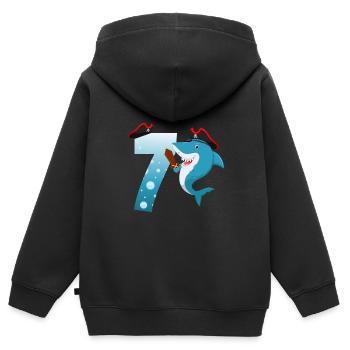 7ème fête d’anniversaire des enfants Shark - Sweat Premium à capuche zippé enfant bio - noir - Dos - AI Model Kid Male (0cm)
