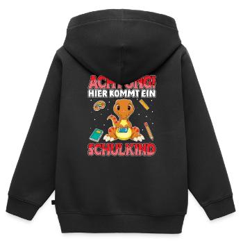 Achtung hier kommt ein Schulkind Dino - Kinder Premium Organic Zip Hoodie - Schwarz - Hinten - AI Model Kid Male (0cm)