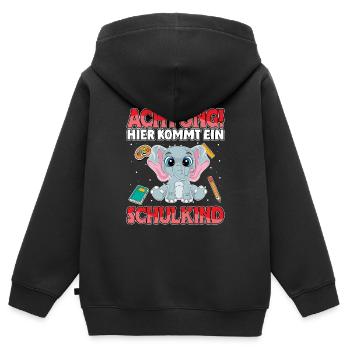 Achtung hier kommt ein Schulkind Elefant - Kinder Premium Organic Zip Hoodie - Schwarz - Hinten - AI Model Kid Male (0cm)