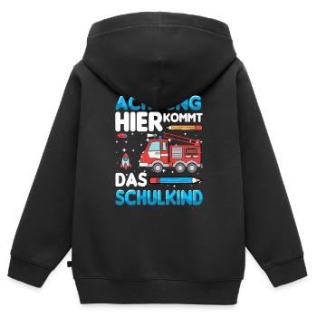 Achtung hier kommt das Schulkind - Kinder Premium Organic Zip Hoodie - Schwarz - Hinten - AI Model Kid Male (0cm)