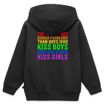 Le monde a de plus gros problèmes que les personnes LGBTQ+ - Sweat Premium à capuche zippé enfant bio - noir - Dos - AI Model Kid Male (0cm)