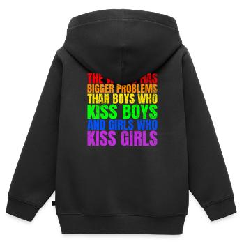 Le monde a de plus gros problèmes que les personnes LGBTQ+ - Sweat Premium à capuche zippé enfant bio - noir - Dos - AI Model Kid Male (0cm)