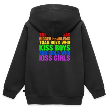 Le monde a de plus gros problèmes que les personnes LGBTQ+ - Sweat Premium à capuche zippé enfant bio - noir - Dos - AI Model Kid Male (0cm)