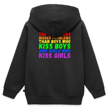 Le monde a de plus gros problèmes que les personnes LGBTQ+ - Sweat Premium à capuche zippé enfant bio - noir - Dos - AI Model Kid Male (0cm)