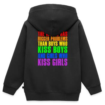 Le monde a de plus gros problèmes que les personnes LGBTQ+ - Sweat Premium à capuche zippé enfant bio - noir - Dos - AI Model Kid Male (0cm)
