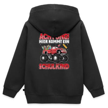 Achtung hier kommt ein Schulkind Truck Schule - Kinder Premium Organic Zip Hoodie - Schwarz - Hinten - AI Model Kid Male (0cm)