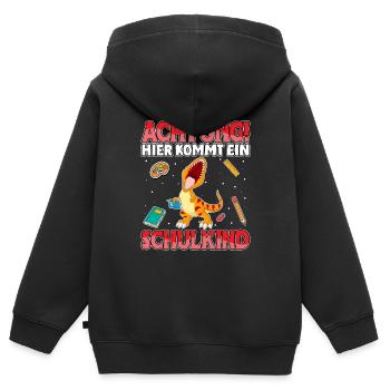 Achtung hier kommt ein Schulkind Dinosaurier - Kinder Premium Organic Zip Hoodie - Schwarz - Hinten - AI Model Kid Male (0cm)