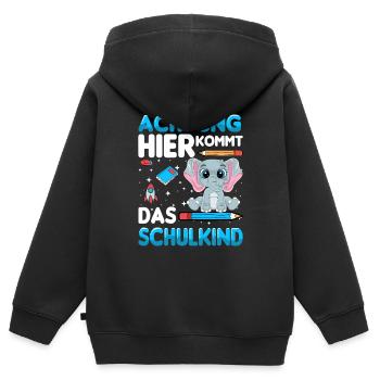 Achtung hier kommt das Schulkind - Kinder Premium Organic Zip Hoodie - Schwarz - Hinten - AI Model Kid Male (0cm)