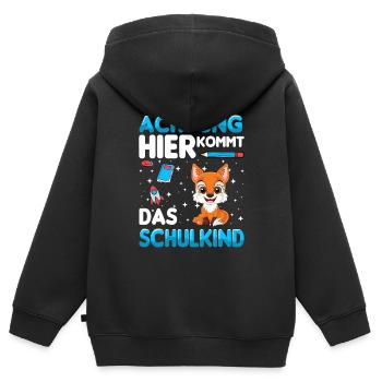 Achtung hier kommt das Schulkind - Kinder Premium Organic Zip Hoodie - Schwarz - Hinten - AI Model Kid Male (0cm)