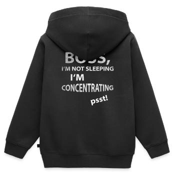 Patron, je ne dors pas, je me concentre ! - Sweat Premium à capuche zippé enfant bio - noir - Dos - AI Model Kid Male (0cm)
