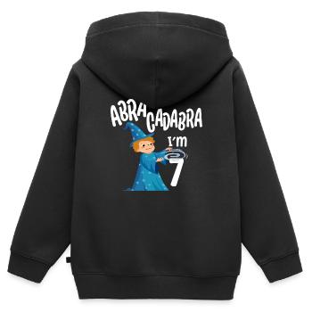 Sept 7 ans 7th Wizard Birthday Boy 7 ans Cadeau - Sweat Premium à capuche zippé enfant bio - noir - Dos - AI Model Kid Male (0cm)