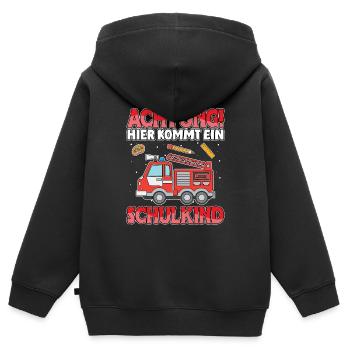 Achtung hier kommt ein Schulkind Feuerwehr - Kinder Premium Organic Zip Hoodie - Schwarz - Hinten - AI Model Kid Male (0cm)
