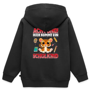 Achtung hier kommt ein Schulkind Tiger Schule - Kinder Premium Organic Zip Hoodie - Schwarz - Hinten - AI Model Kid Male (0cm)