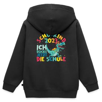 Schulkind 2023 Ich Rocke Jetzt Die Schule - Dino S - Kinder Premium Organic Zip Hoodie - Schwarz - Hinten - AI Model Kid Male (0cm)