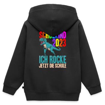 Schulkind 2023 Ich Rocke Jetzt Die Schule - Dino E - Kinder Premium Organic Zip Hoodie - Schwarz - Hinten - AI Model Kid Male (0cm)
