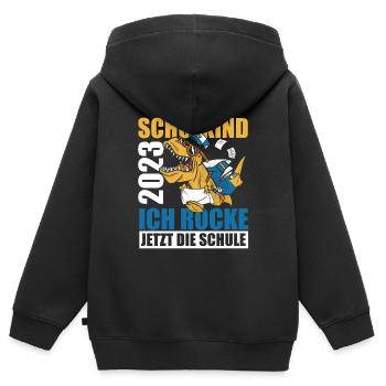 Schulkind 2023 Ich Rocke Jetzt Die Schule - Dino E - Kinder Premium Organic Zip Hoodie - Schwarz - Hinten - AI Model Kid Male (0cm)