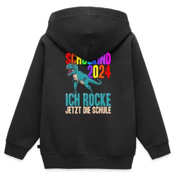 Schulkind 2024 Ich Rocke Jetzt Die Schule - Dino S - Kinder Premium Organic Zip Hoodie - Schwarz - Hinten - AI Model Kid Male (0cm)