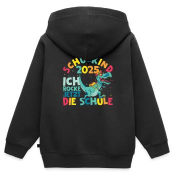 Schulkind 2025 Ich Rocke Jetzt Die Schule - Dino E - Kinder Premium Organic Zip Hoodie - Schwarz - Hinten - AI Model Kid Male (0cm)