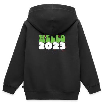 Bonjour 2023 Amour Bonne Année 2023 Nouvel An - Sweat Premium à capuche zippé enfant bio - noir - Dos - AI Model Kid Male (0cm)