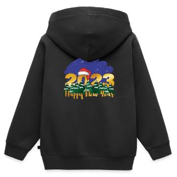 Noël 2023 Nouvel An 2023 Bonjour Nouvel An 2023 - Sweat Premium à capuche zippé enfant bio - noir - Dos - AI Model Kid Male (0cm)