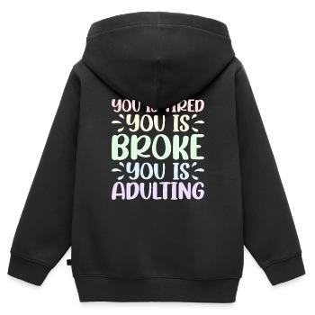 Tu es fatigué Tu es fauché Tu es adulte 2 - Sweat Premium à capuche zippé enfant bio - noir - Dos - AI Model Kid Male (0cm)