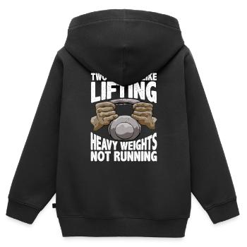 Two Things I Like, Lifting Heavy, Not Running 5 - Kinder Premium Organic Zip Hoodie - Schwarz - Hinten - AI Model Kid Male (0cm)