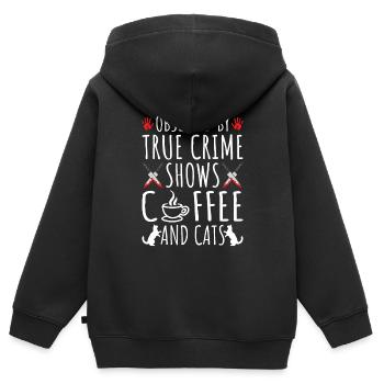 Obsessed by True Crime Coffee and Cats, Murderino - Kinder Premium Organic Zip Hoodie - Schwarz - Hinten - AI Model Kid Male (0cm)