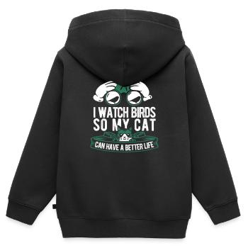 Chat ornithologue - Sweat Premium à capuche zippé enfant bio - noir - Dos - AI Model Kid Male (0cm)