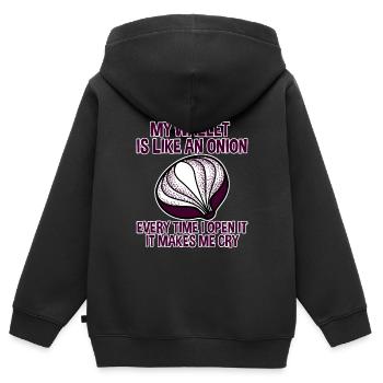 Mon portefeuille est comme un oignon 2 - Sweat Premium à capuche zippé enfant bio - noir - Dos - AI Model Kid Male (0cm)