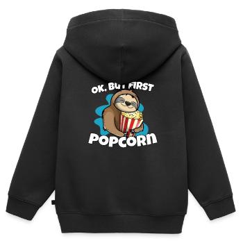 Ok, aber zuerst Popcorn Faultier Popcorn - Kinder Premium Organic Zip Hoodie - Schwarz - Hinten - AI Model Kid Male (0cm)