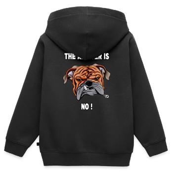 The answer is no. Fierce Bulldog - Kids Premium Organic Zip-up Hoodie - black - Back - AI Model Kid Male (0cm)