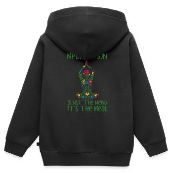 La méditation n’est pas le menu, c’est le repas 2 - Sweat Premium à capuche zippé enfant bio - noir - Dos - AI Model Kid Male (0cm)