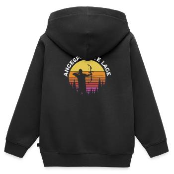 Bogenschießen Bogenschütze Angespannte Lage - Kinder Premium Organic Zip Hoodie - Schwarz - Hinten - AI Model Kid Male (0cm)