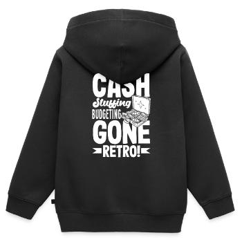 Cash Stuffing Budgeting Gone Retro Cash Stuffing - Kinder Premium Organic Zip Hoodie - Schwarz - Hinten - AI Model Kid Male (0cm)