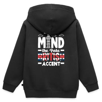 Attention au faux accent britannique - Sweat Premium à capuche zippé enfant bio - noir - Dos - AI Model Kid Male (0cm)