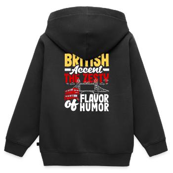 L’accent britannique La saveur piquante de l’humour - Sweat Premium à capuche zippé enfant bio - noir - Dos - AI Model Kid Male (0cm)