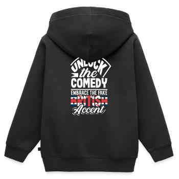 Déverrouillez la comédie Adoptez le faux accent britannique - Sweat Premium à capuche zippé enfant bio - noir - Dos - AI Model Kid Male (0cm)