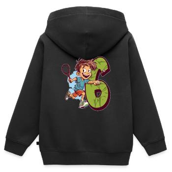 Je suis 6 Badminton Kid - Badminton - Sweat Premium à capuche zippé enfant bio - noir - Dos - AI Model Kid Male (0cm)