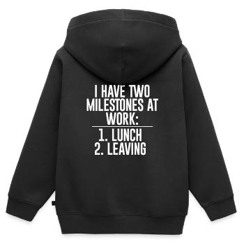 J’ai deux jalons au travail, le déjeuner, le départ - Sweat Premium à capuche zippé enfant bio - noir - Dos - AI Model Kid Male (0cm)