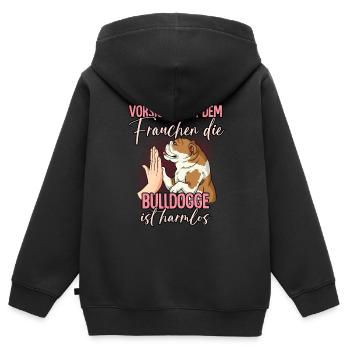 Vorsicht vor dem Frauchen Bulldogge - Kinder Premium Organic Zip Hoodie - Schwarz - Hinten - AI Model Kid Male (0cm)