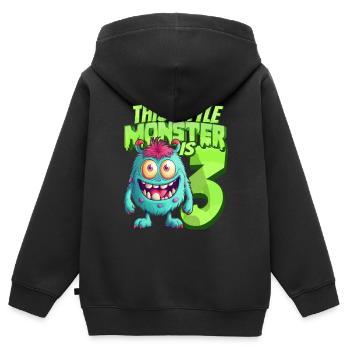 Ce petit monstre a 3 - trois ans - 3. - Sweat Premium à capuche zippé enfant bio - noir - Dos - AI Model Kid Male (0cm)